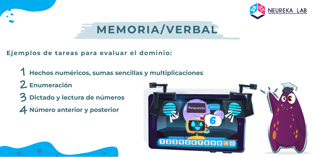 Ejemplos de tareas para evaluar el dominio 'memoria/verbal': 1) hechos numéricos, sumas sencillas y multiplicaciones; 2) enumeración; 3) dictado y lectura de números; 4) número anterior y posterior.